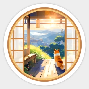 Serene Shiba Inu in Japanese Sunset Sticker